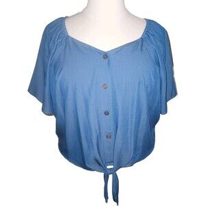 AVA JAMES Women 2X Peasant Boho Sweetheart Neck Blue Chambray Cropped Button Top